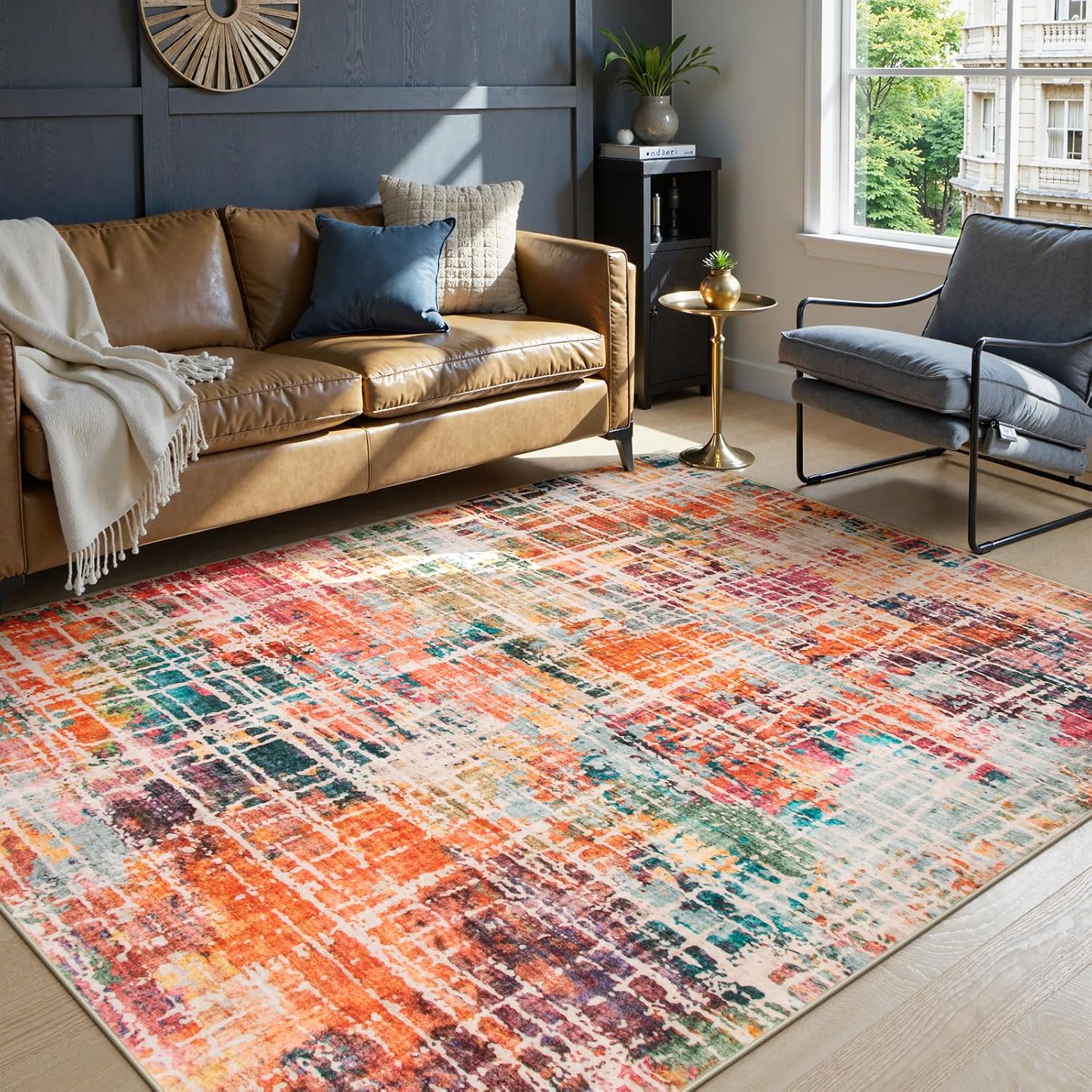Washable Abstract Area Rug, 8 x 10 ft, Multicolour