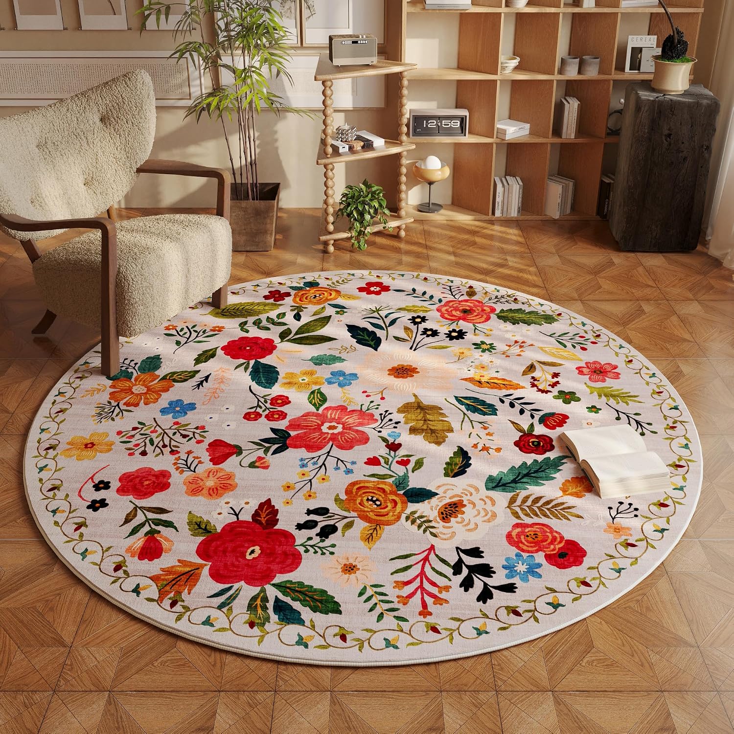 Washable Round Boho Floral Rug, 4 ft