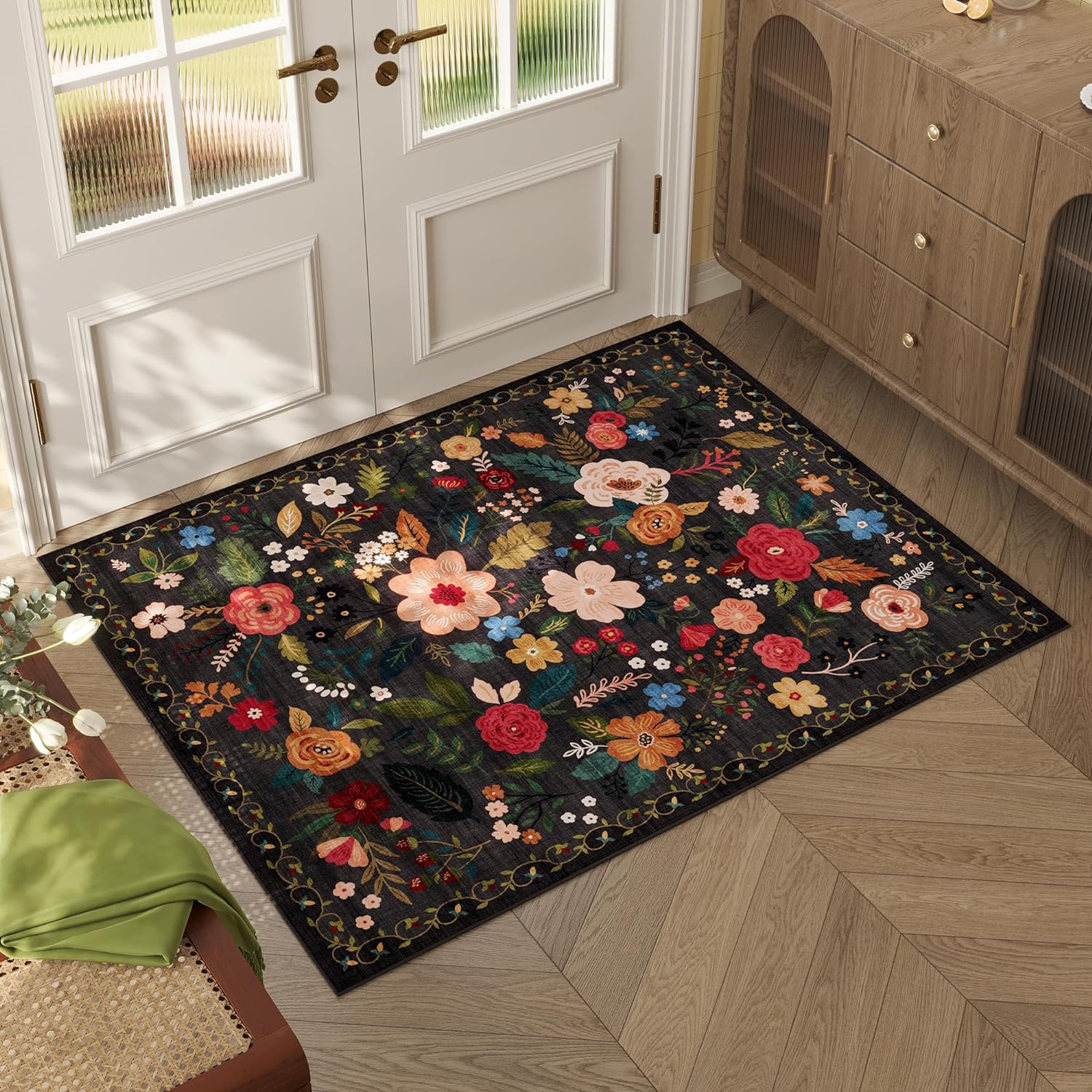 Washable Round Boho Floral Rug, 4 ft