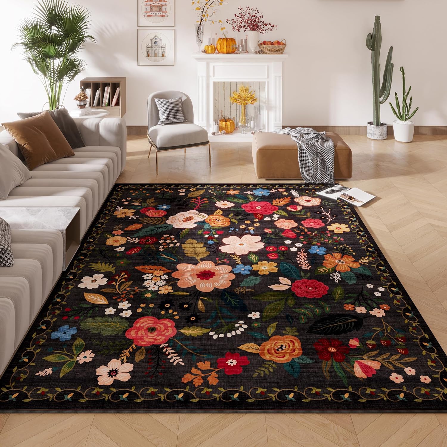 Washable Round Boho Floral Rug, 4 ft