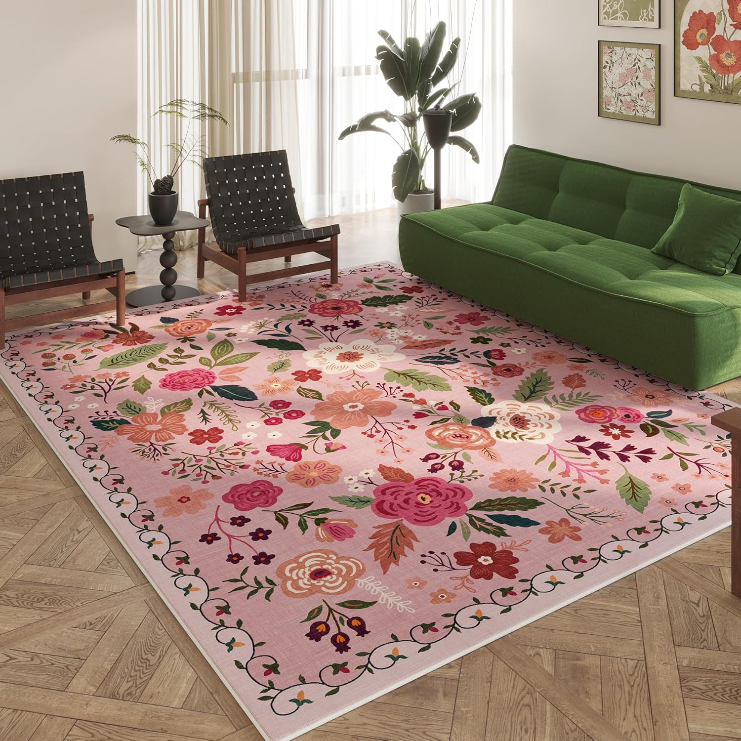 Washable Round Boho Floral Rug, 4 ft