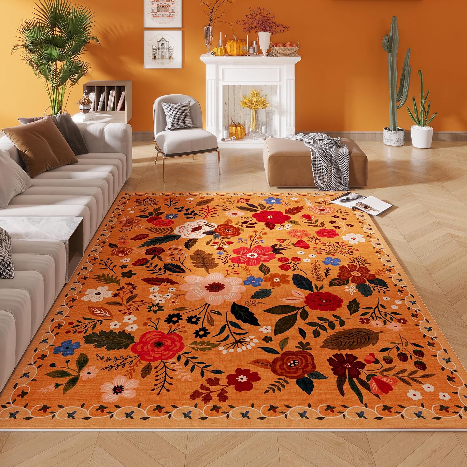 Washable Round Boho Floral Rug, 4 ft