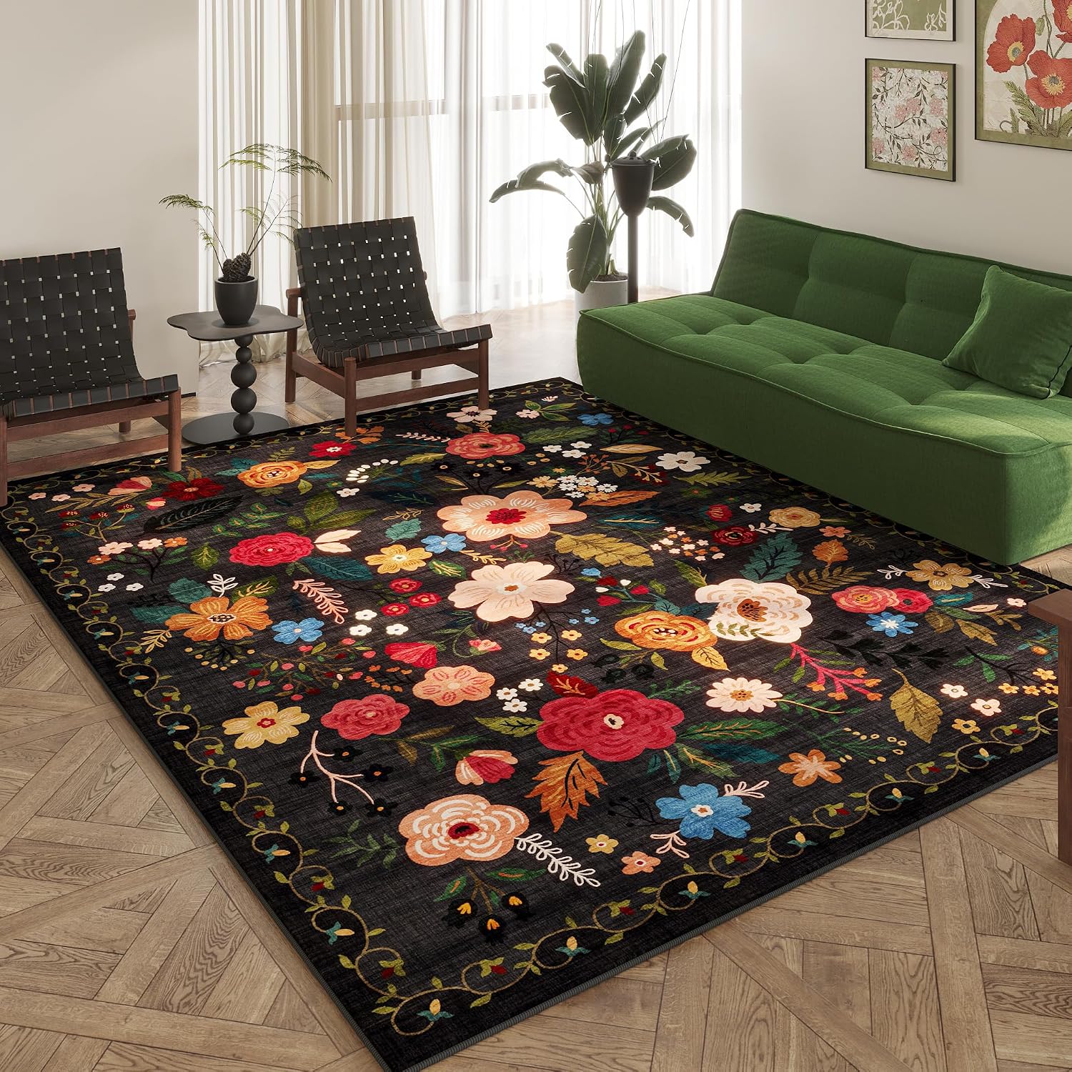 Washable Round Boho Floral Rug, 4 ft
