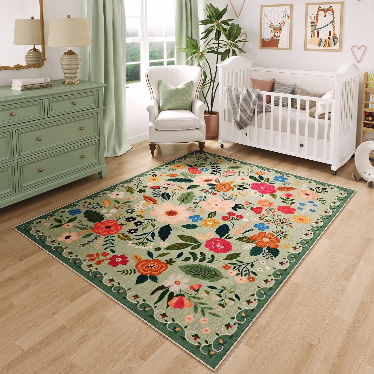 Washable Round Boho Floral Rug, 4 ft