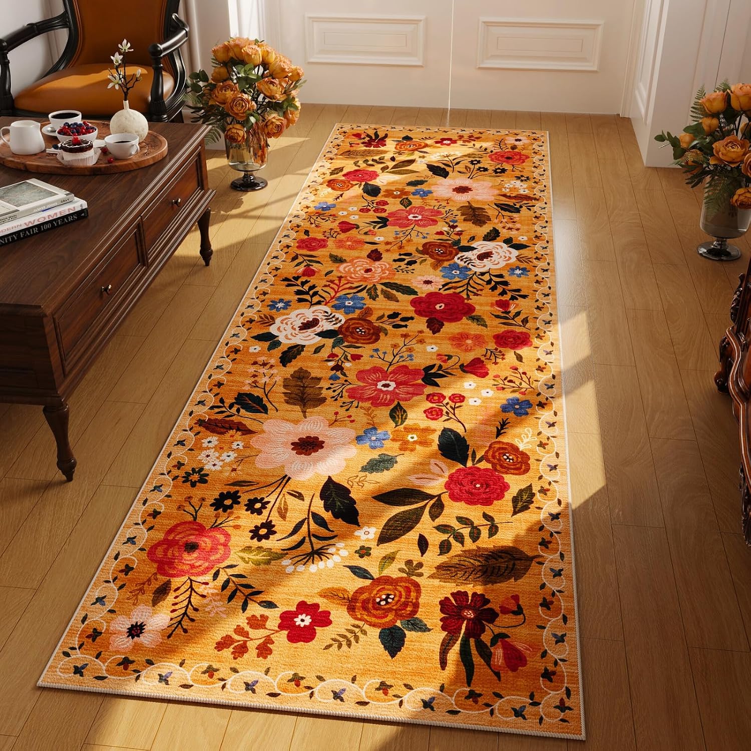 Washable Round Boho Floral Rug, 4 ft