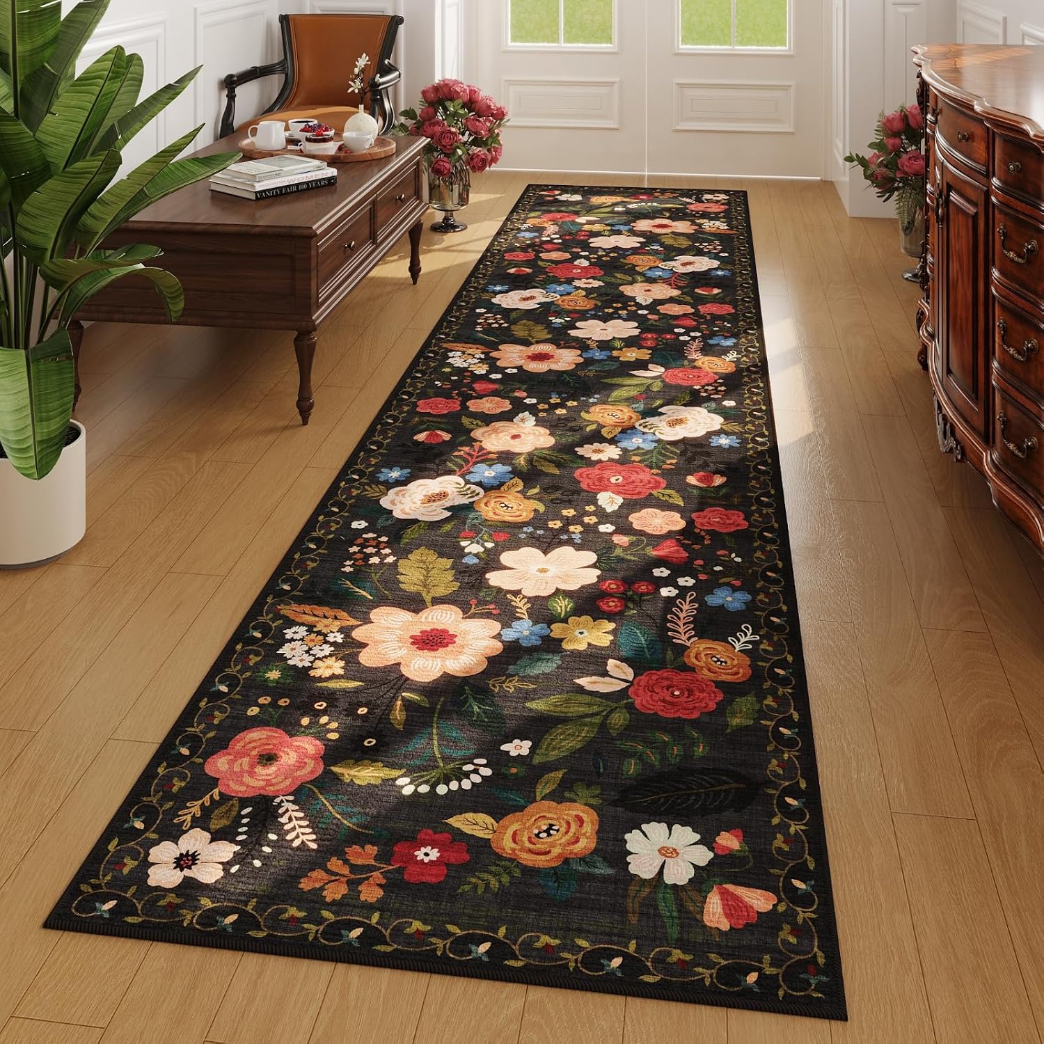 Washable Round Boho Floral Rug, 4 ft