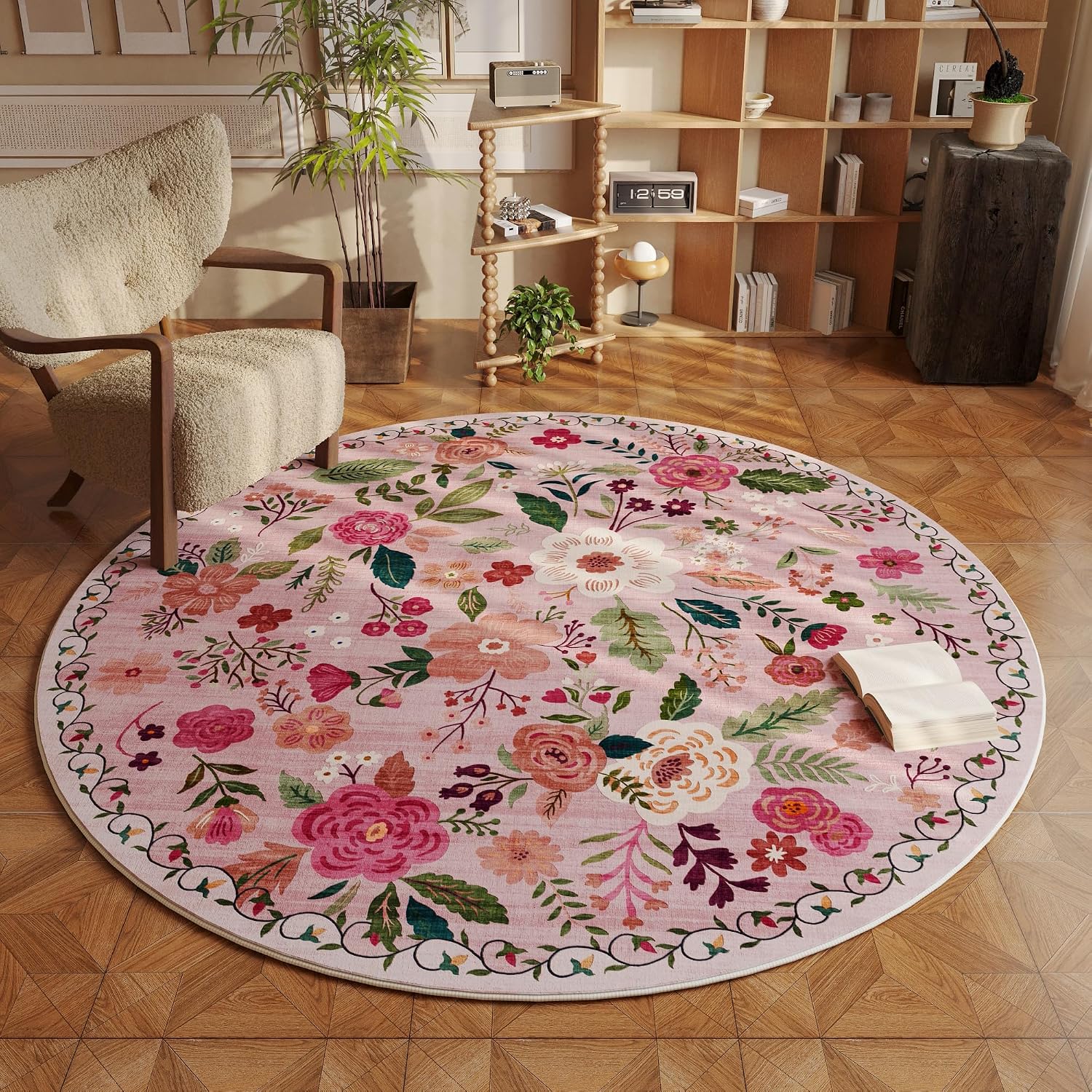 Washable Round Boho Floral Rug, 4 ft