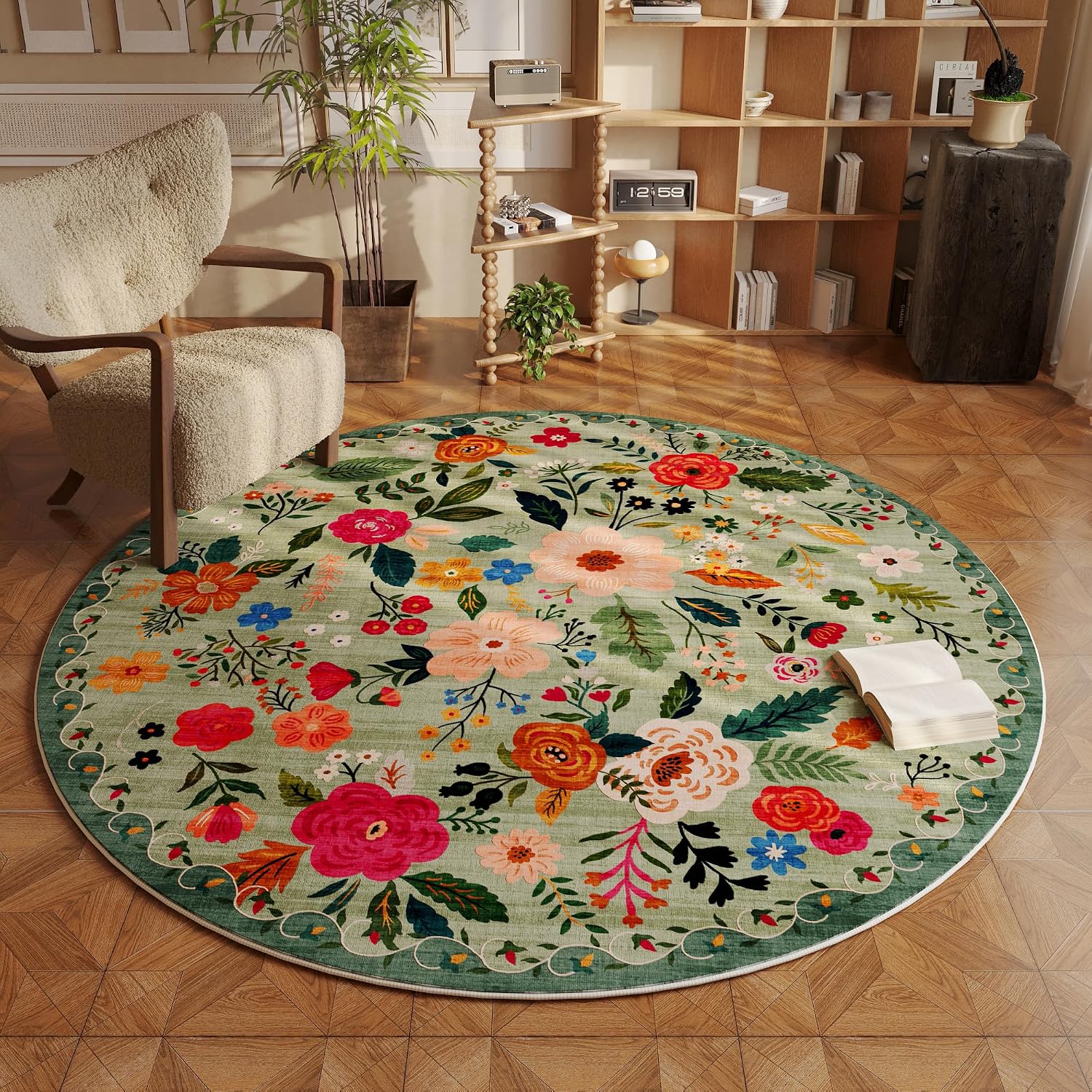 Washable Round Boho Floral Rug, 4 ft