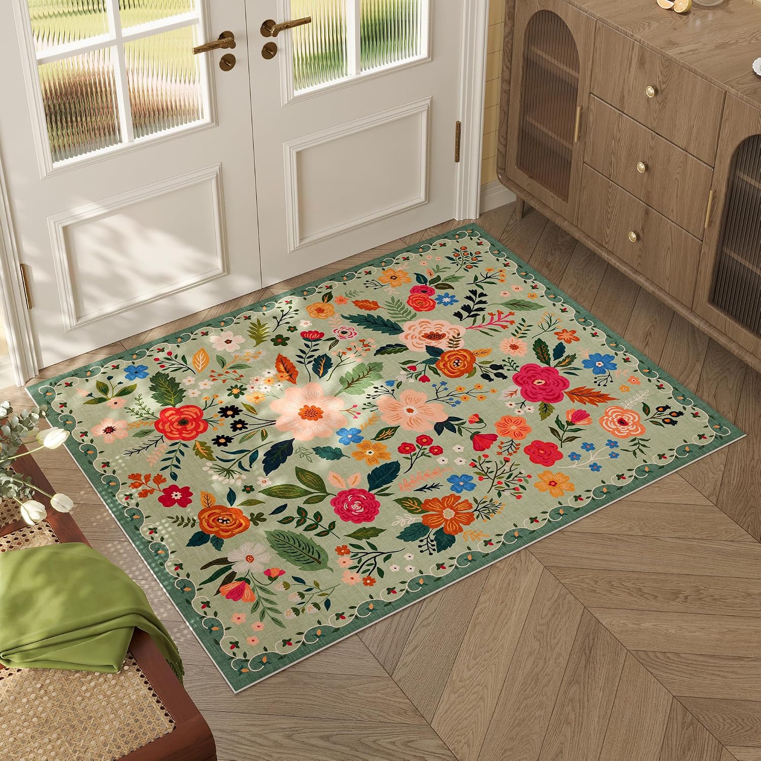 Washable Round Boho Floral Rug, 4 ft