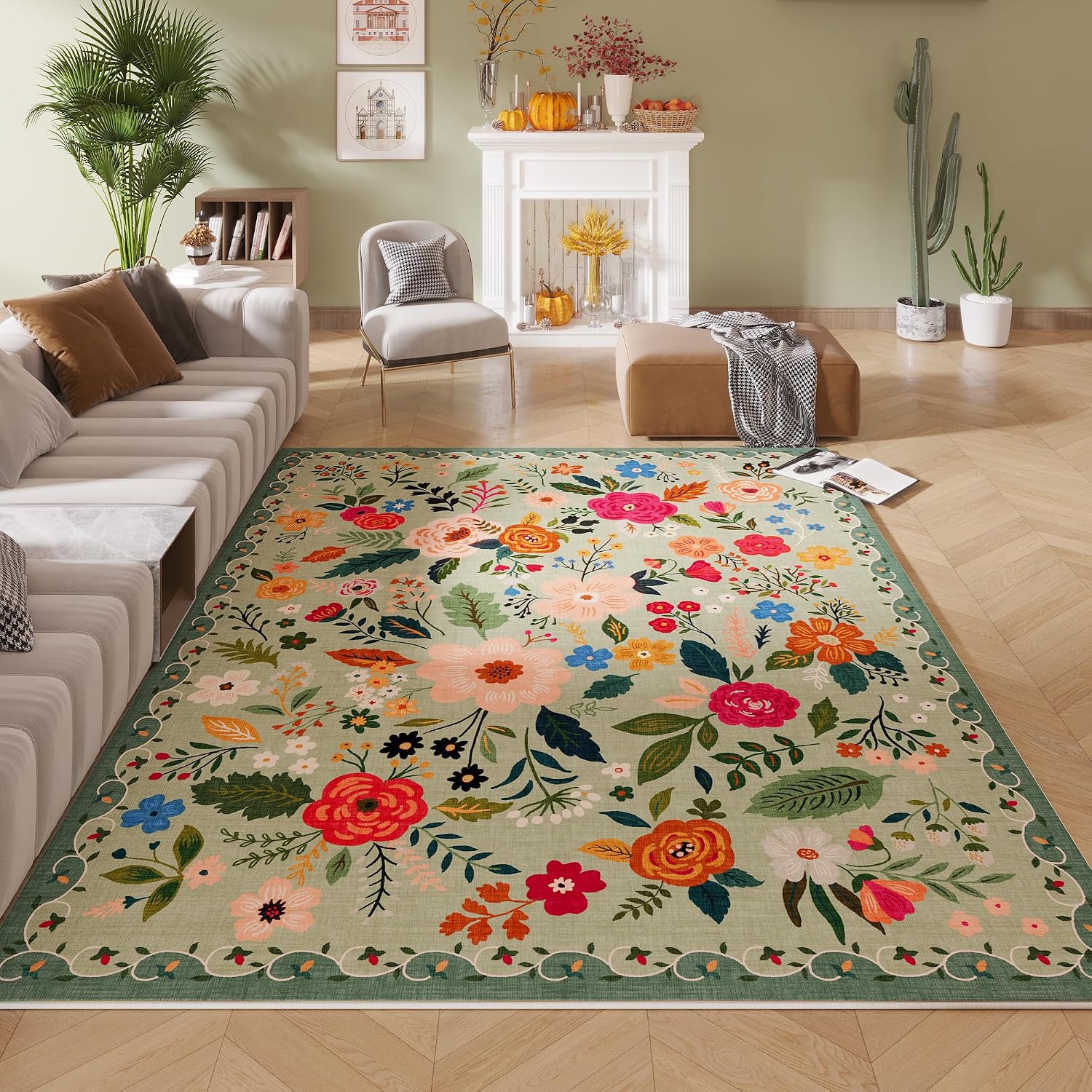 Washable Round Boho Floral Rug, 4 ft
