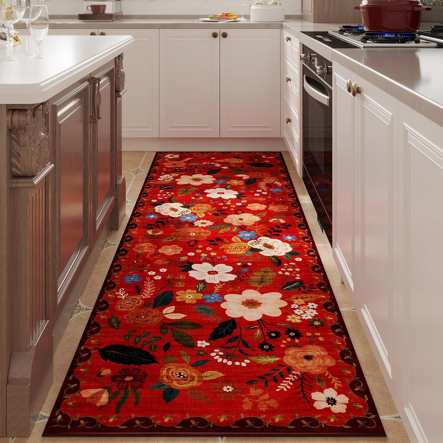 Washable Round Boho Floral Rug, 4 ft
