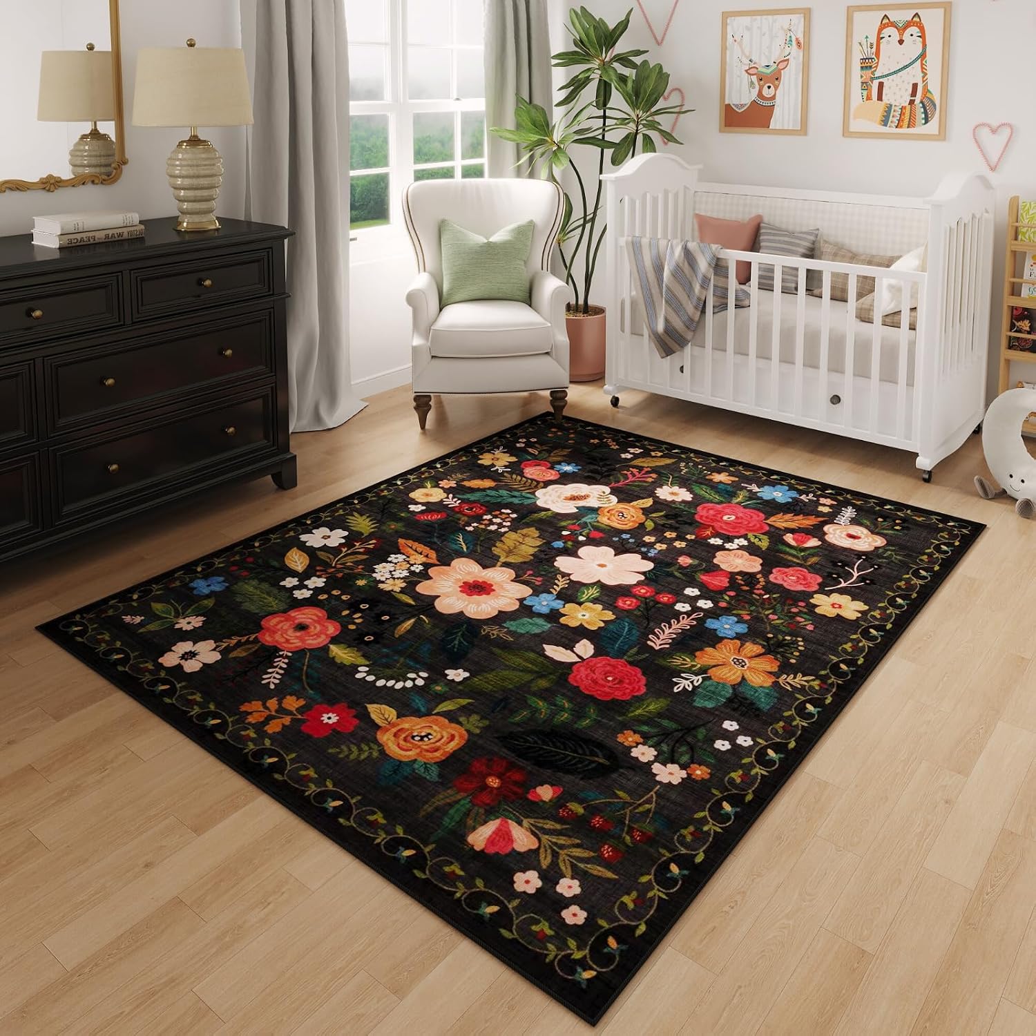 Washable Round Boho Floral Rug, 4 ft