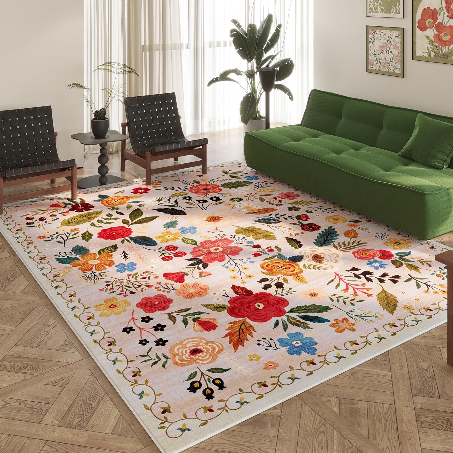 Washable Round Boho Floral Rug, 4 ft