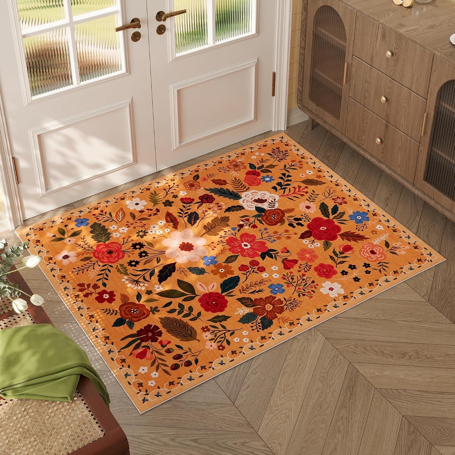Washable Round Boho Floral Rug, 4 ft