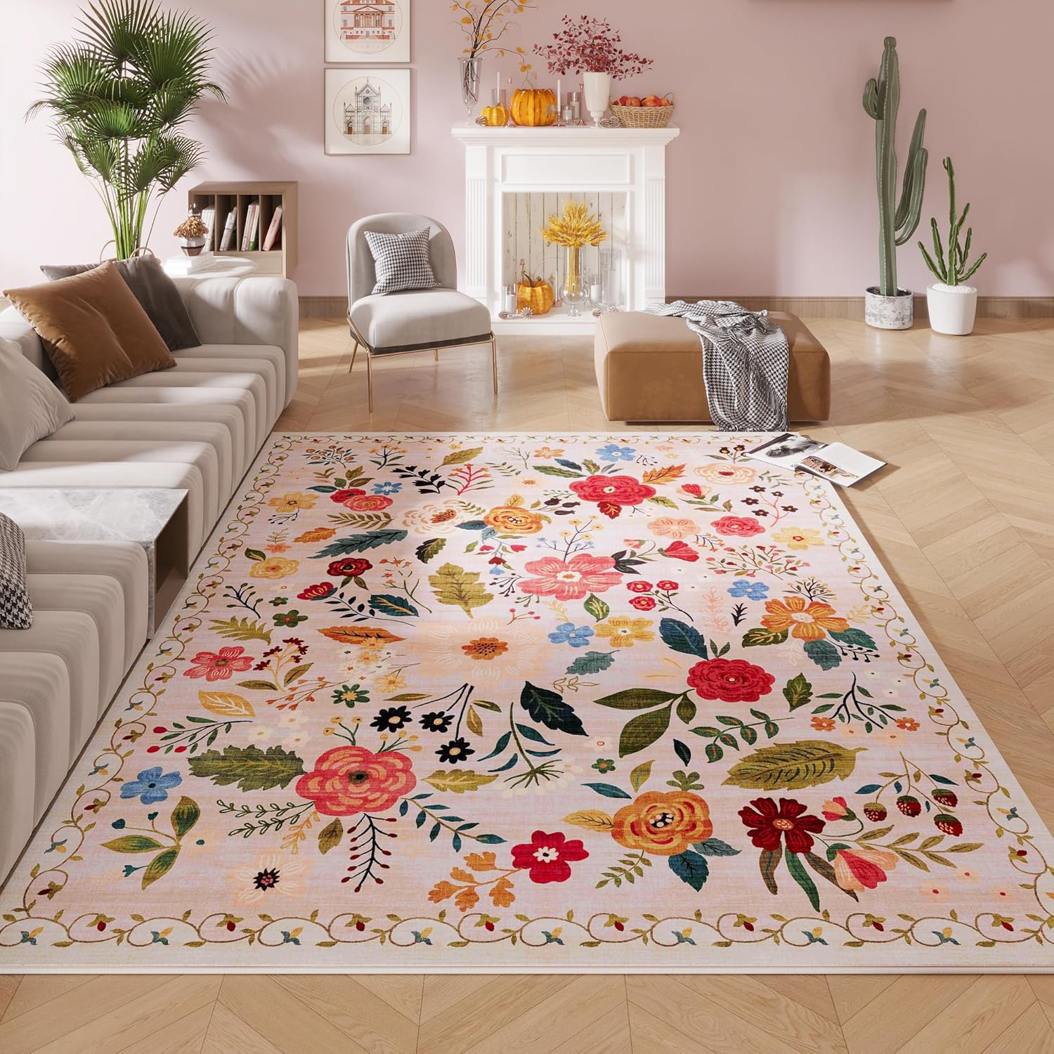 Washable Round Boho Floral Rug, 4 ft