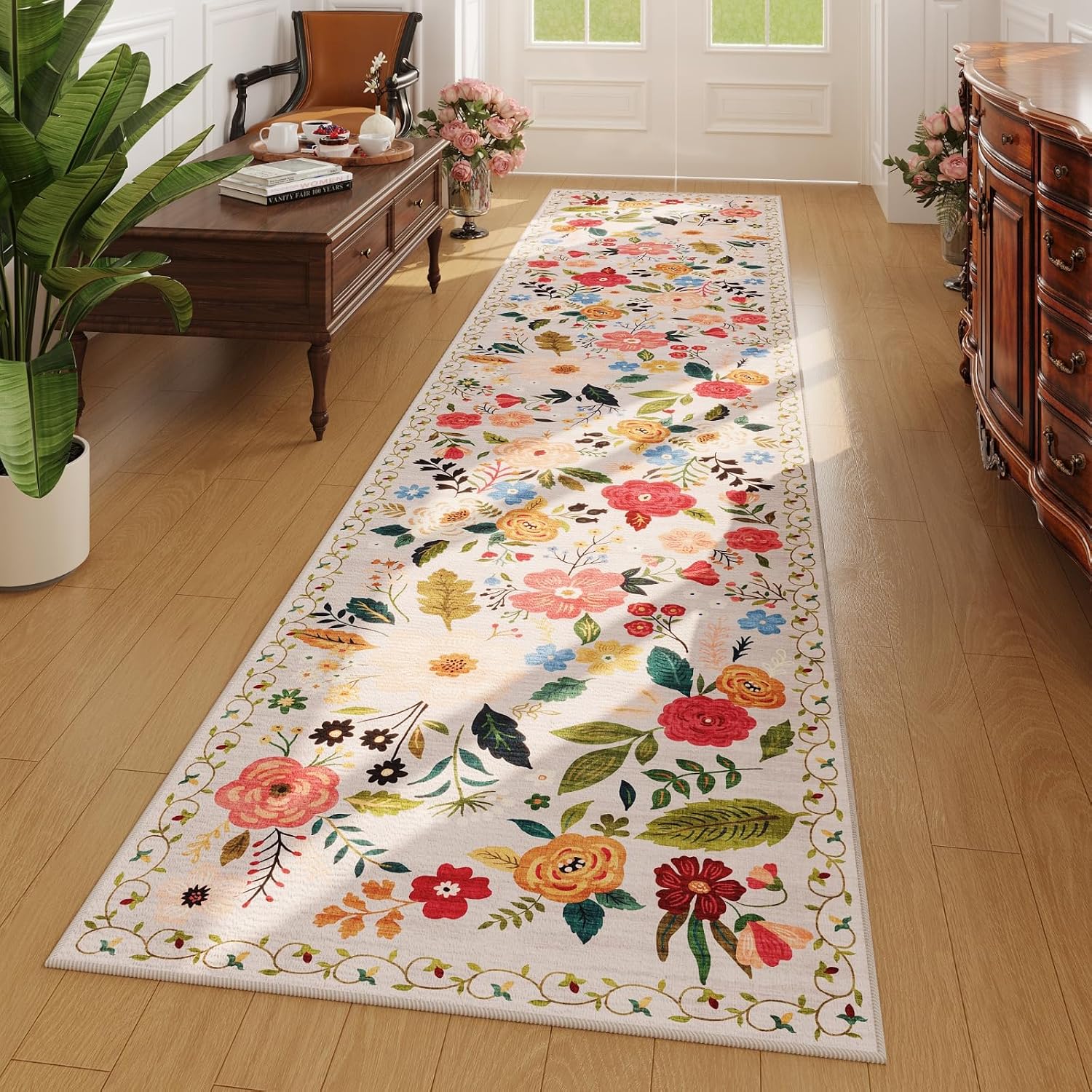 Washable Round Boho Floral Rug, 4 ft