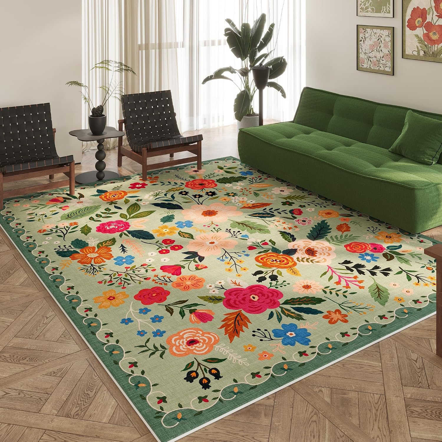 Washable Round Boho Floral Rug, 4 ft