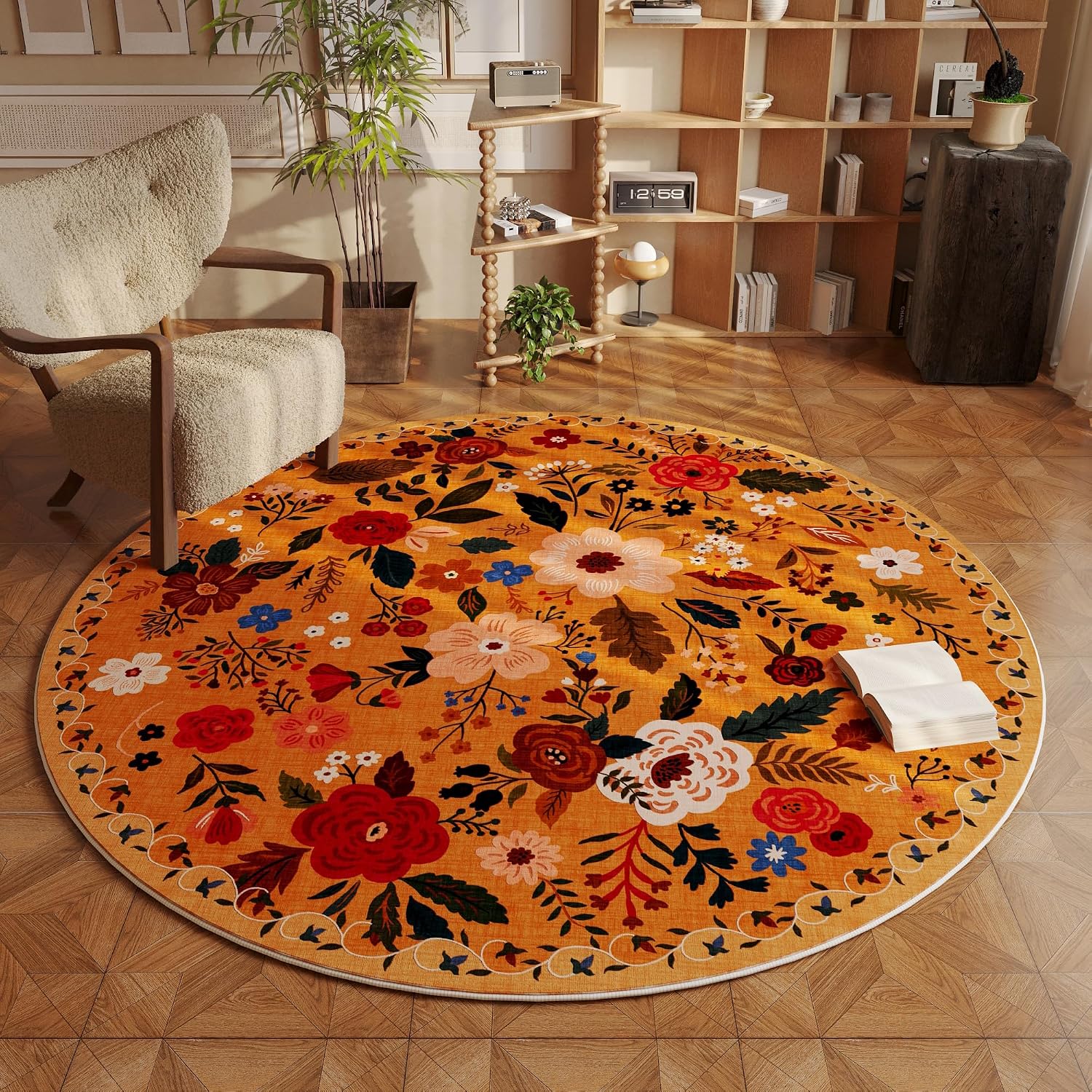 Washable Round Boho Floral Rug, 4 ft