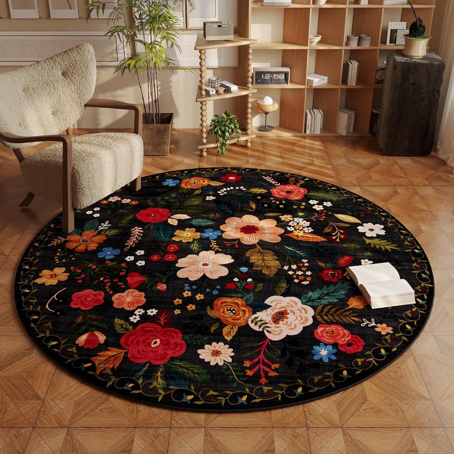 Washable Round Boho Floral Rug, 4 ft