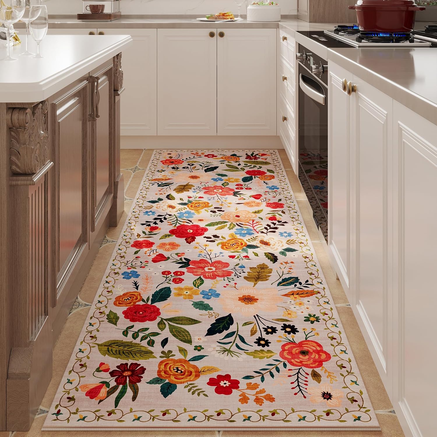 Washable Round Boho Floral Rug, 4 ft