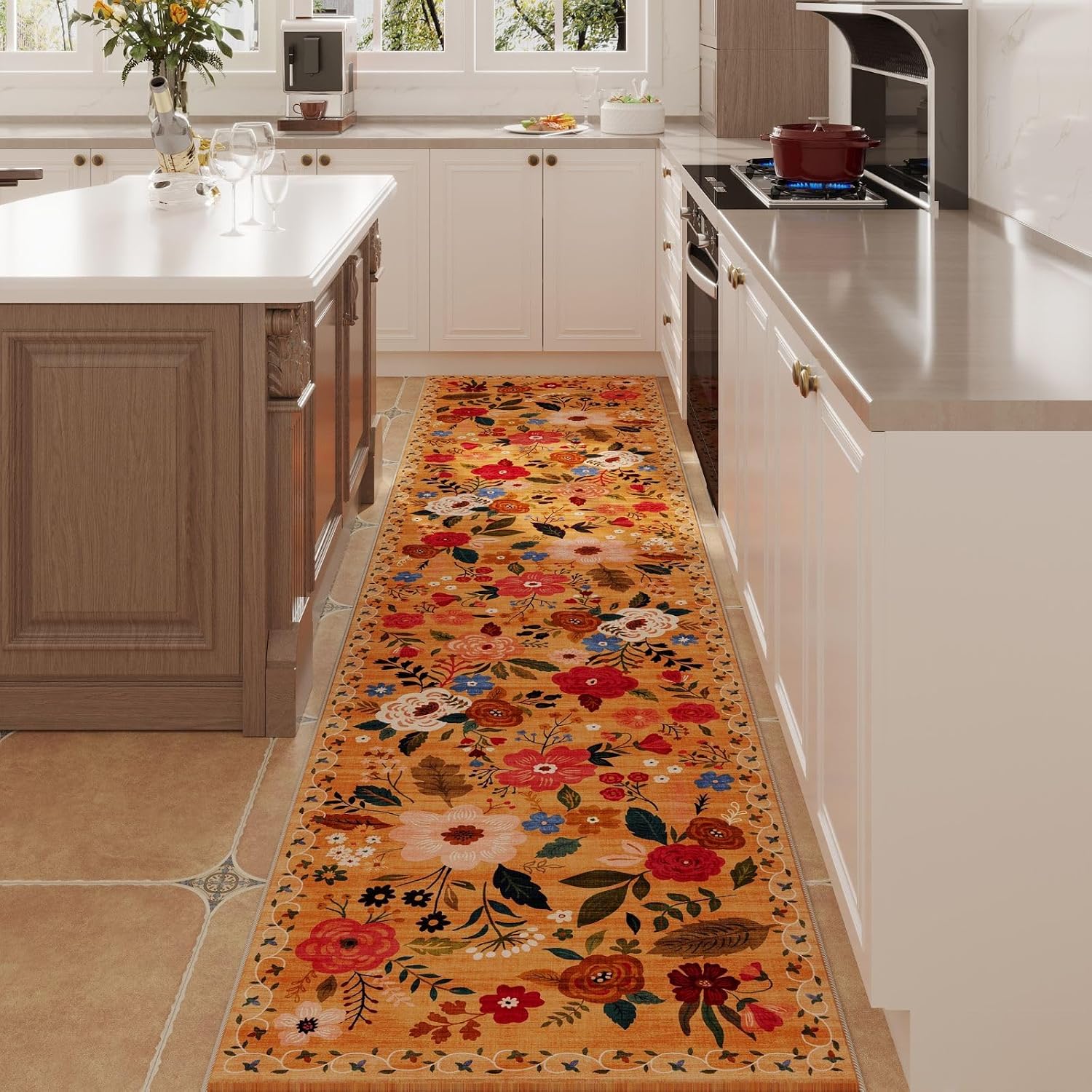 Washable Round Boho Floral Rug, 4 ft