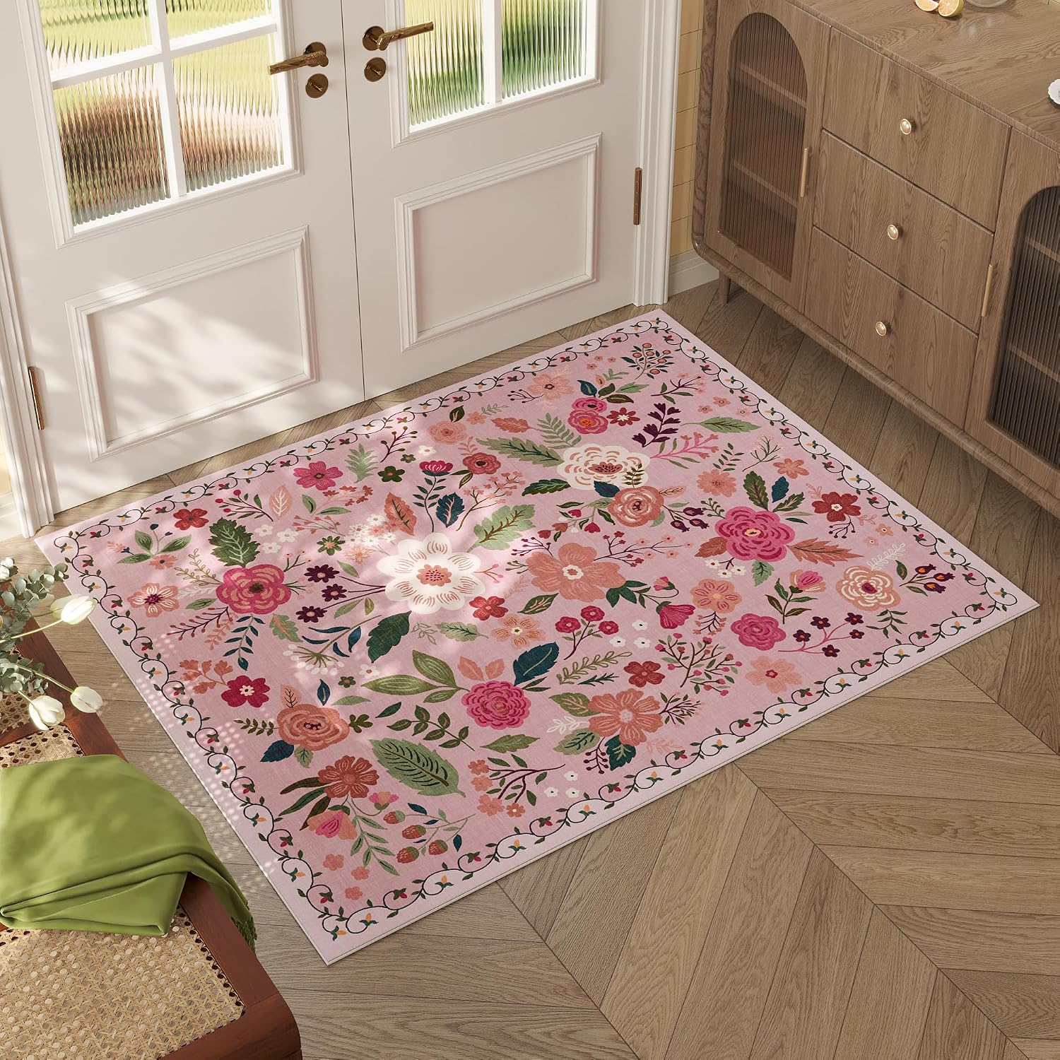 Washable Round Boho Floral Rug, 4 ft