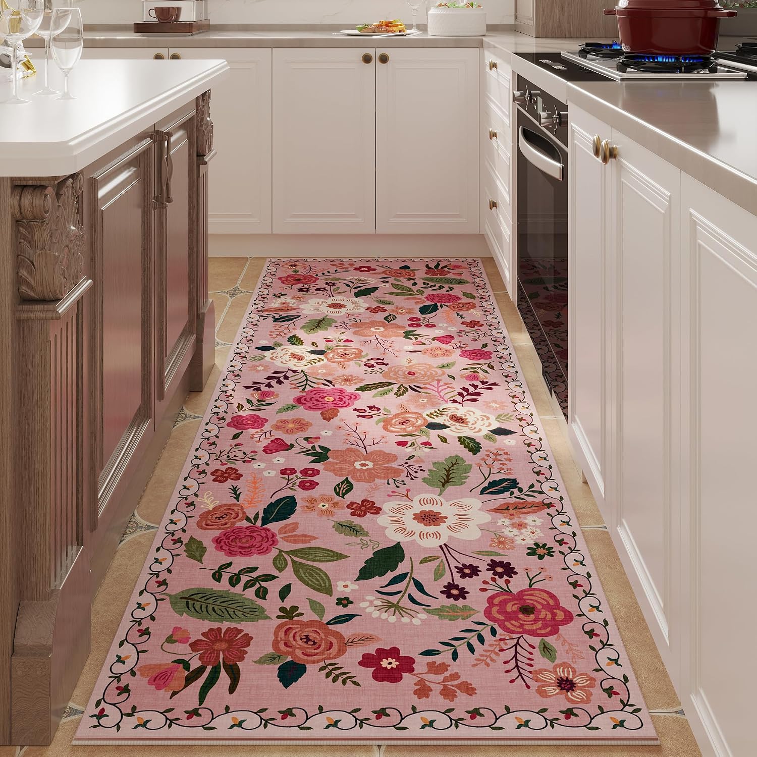Washable Round Boho Floral Rug, 4 ft