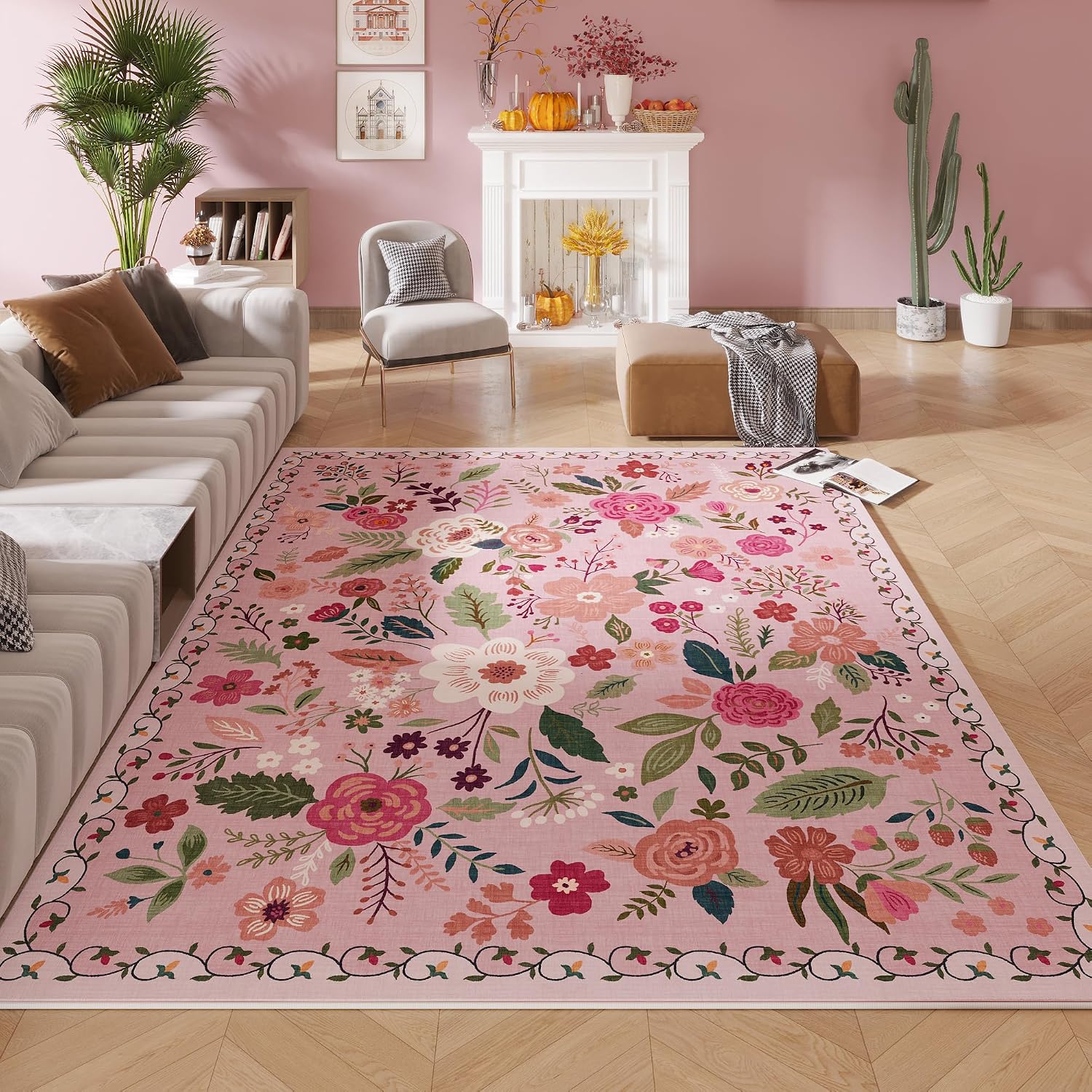Washable Round Boho Floral Rug, 4 ft