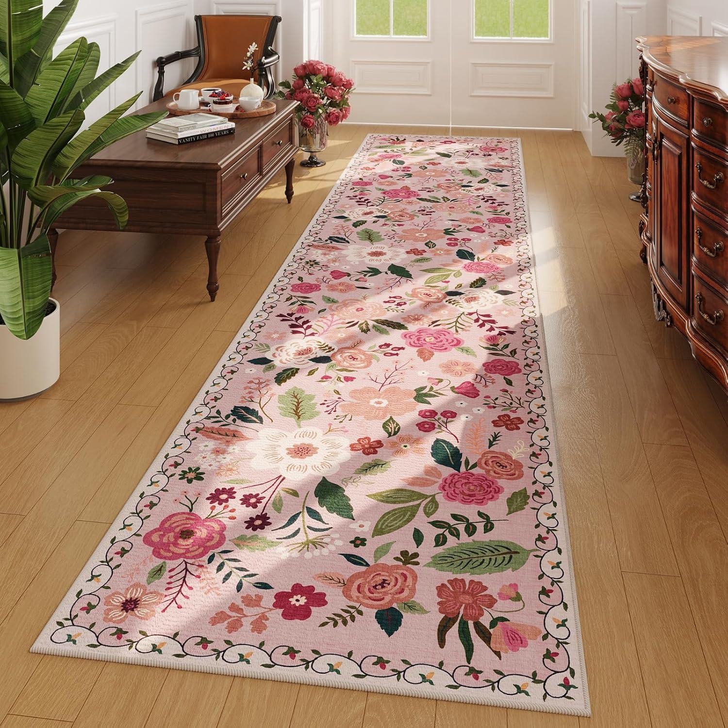 Washable Round Boho Floral Rug, 4 ft