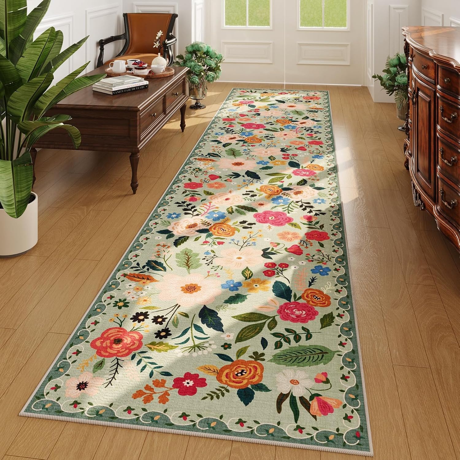 Washable Round Boho Floral Rug, 4 ft