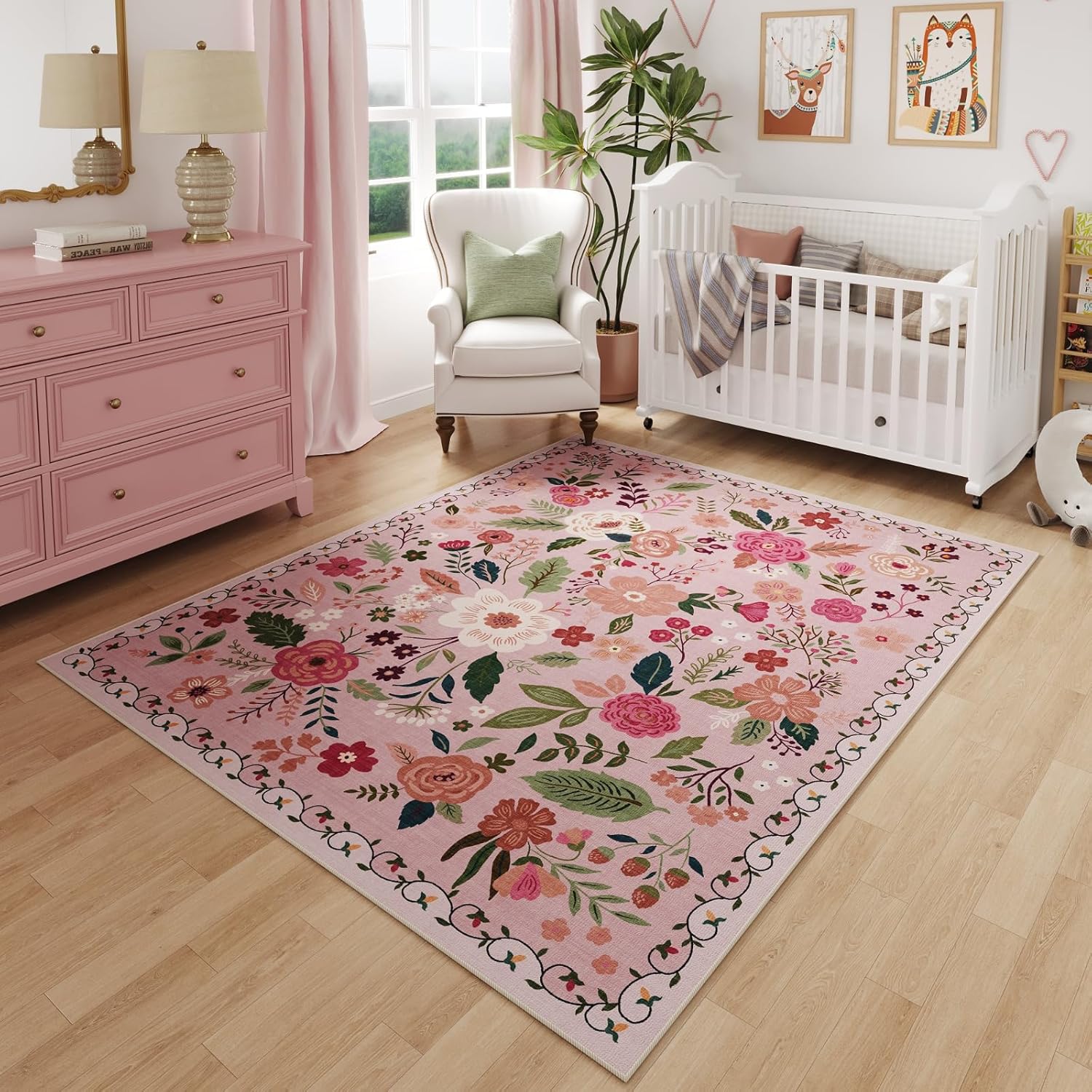 Washable Round Boho Floral Rug, 4 ft