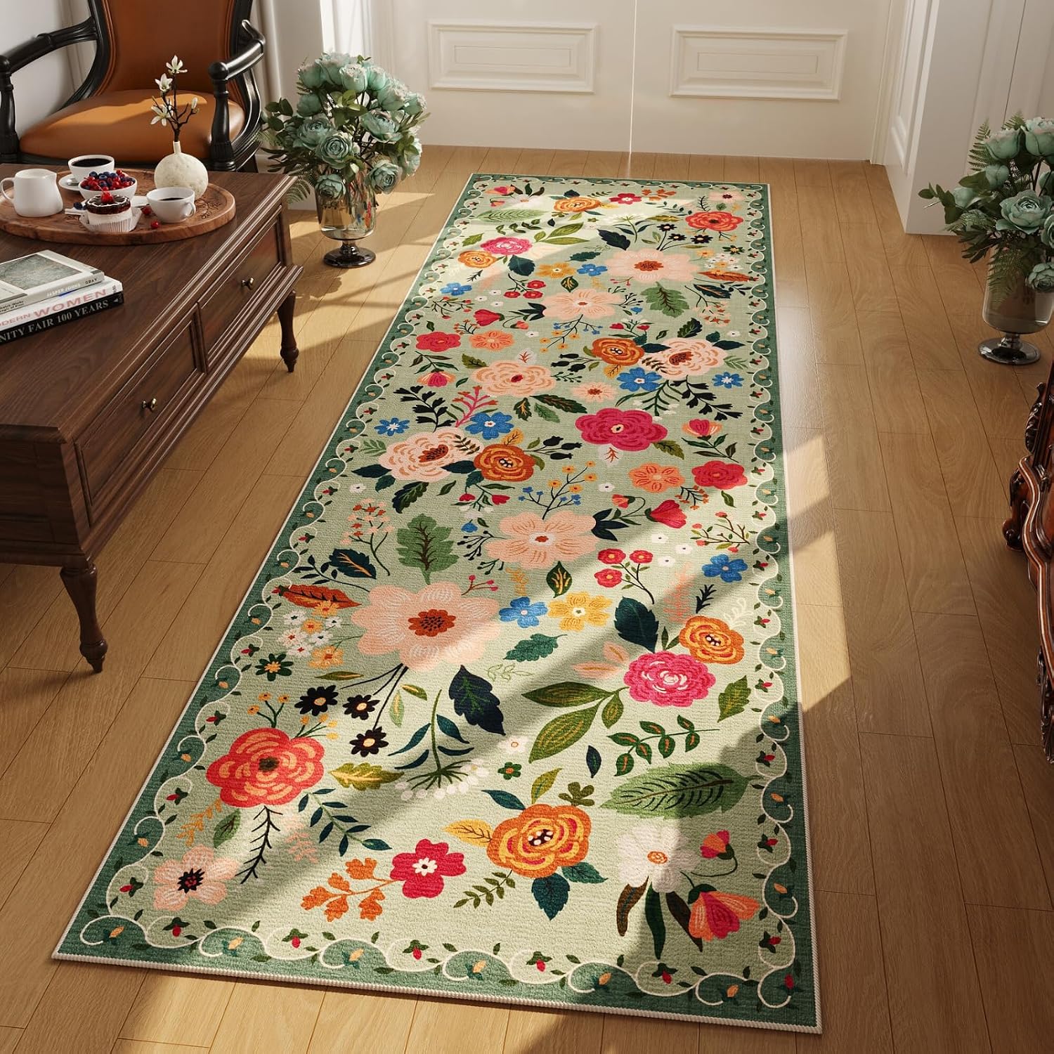 Washable Round Boho Floral Rug, 4 ft