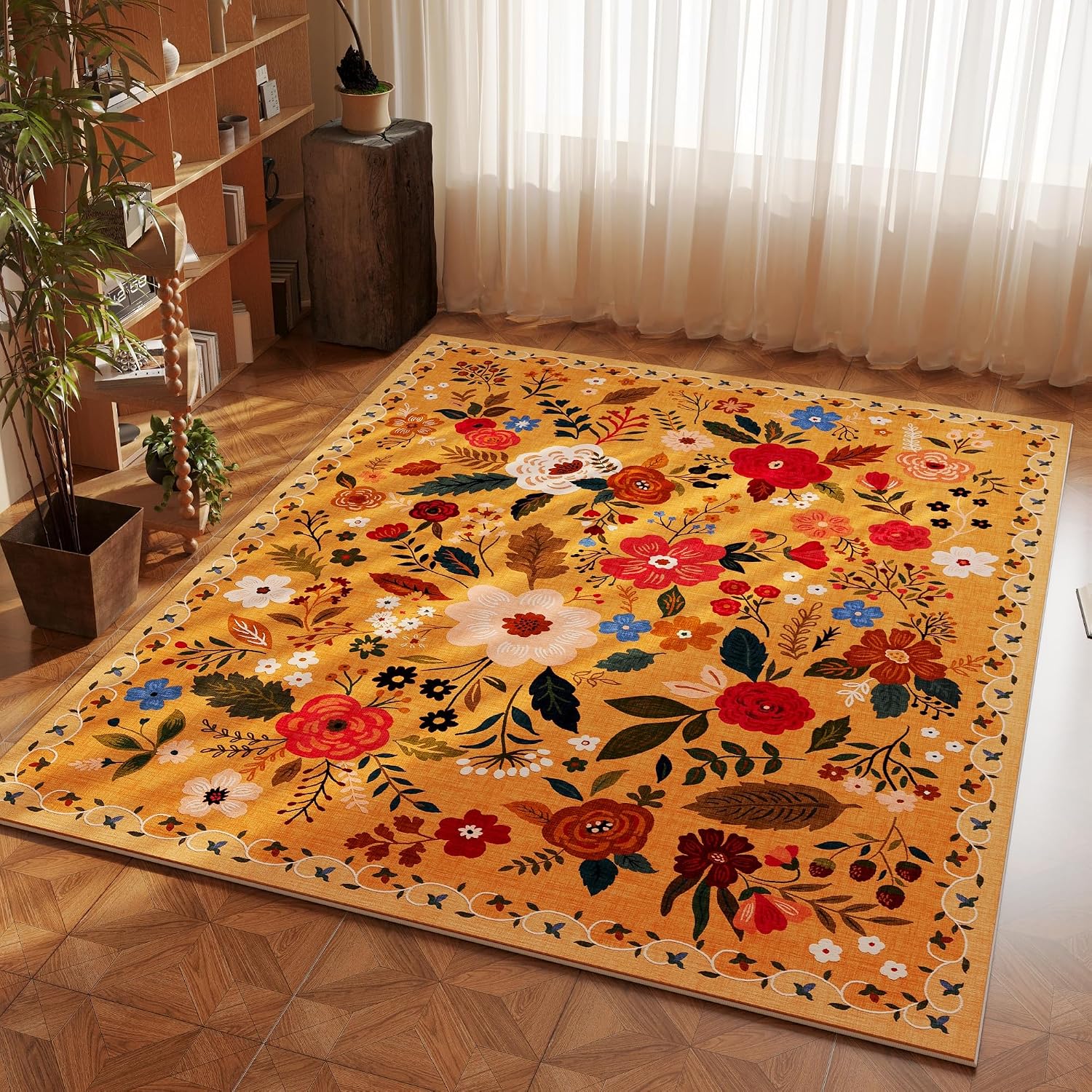 Washable Round Boho Floral Rug, 4 ft