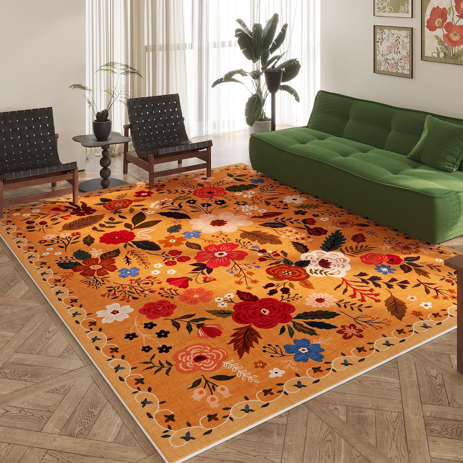 Washable Round Boho Floral Rug, 4 ft
