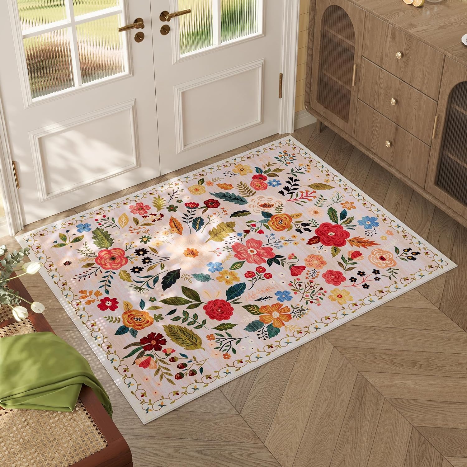 Washable Round Boho Floral Rug, 4 ft