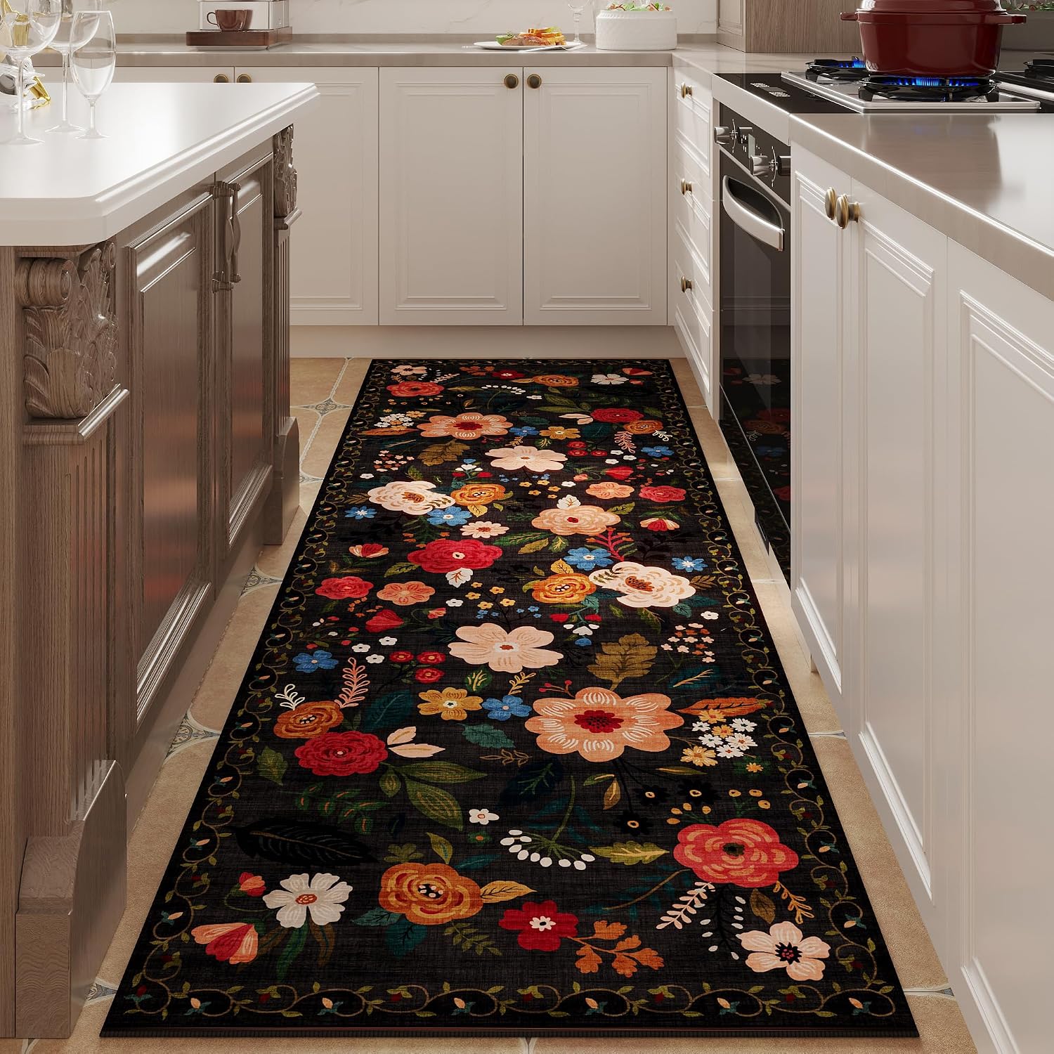 Washable Round Boho Floral Rug, 4 ft