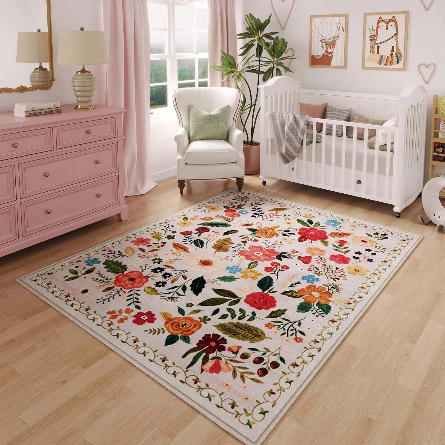 Washable Round Boho Floral Rug, 4 ft