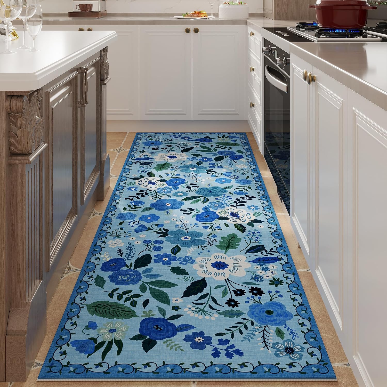 Washable Round Boho Floral Rug, 4 ft