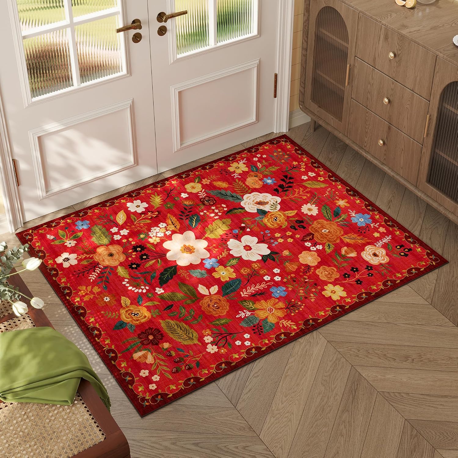 Washable Round Boho Floral Rug, 4 ft