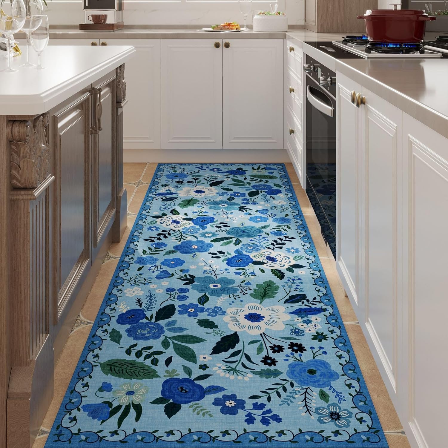 Washable Round Boho Floral Rug, 4 ft