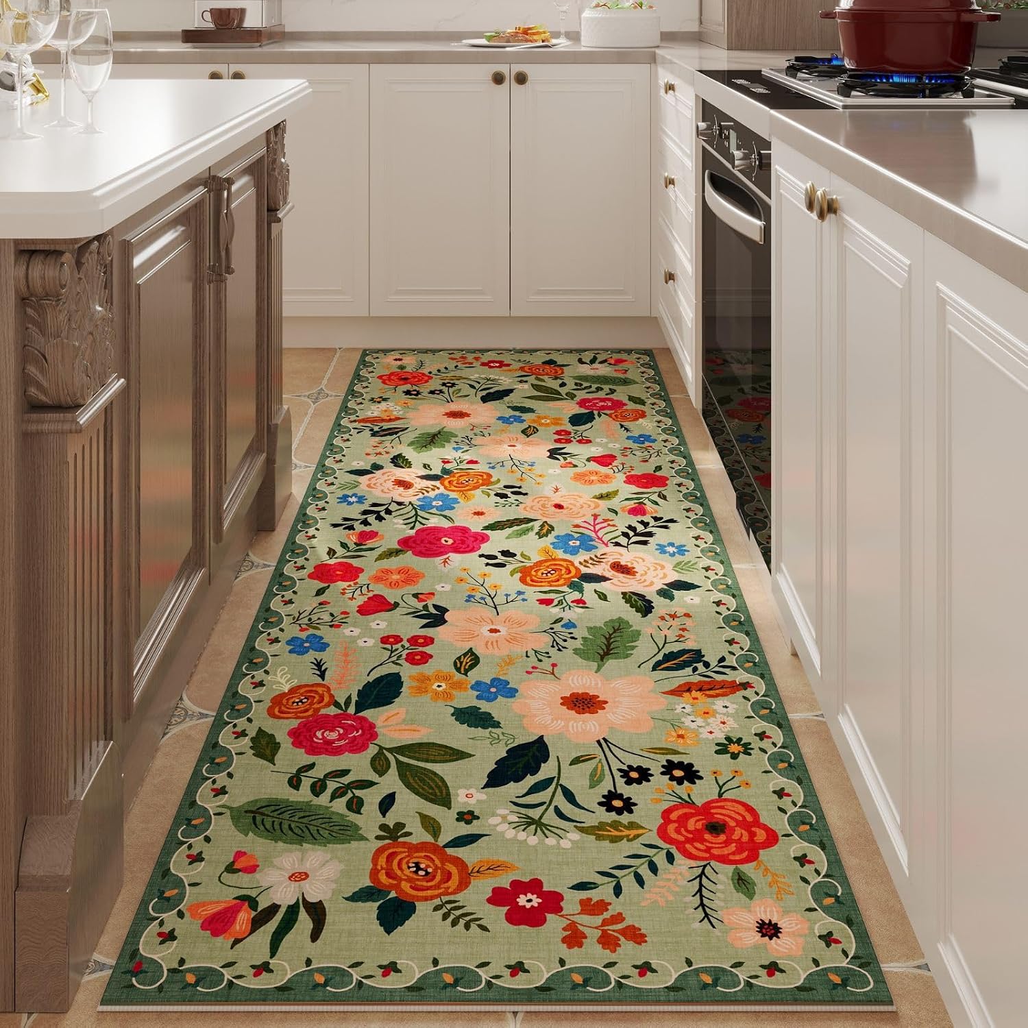Washable Round Boho Floral Rug, 4 ft