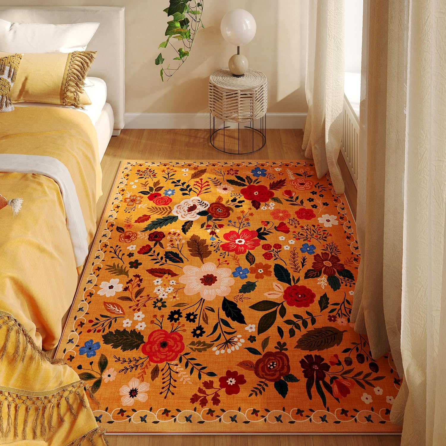 Washable Round Boho Floral Rug, 4 ft